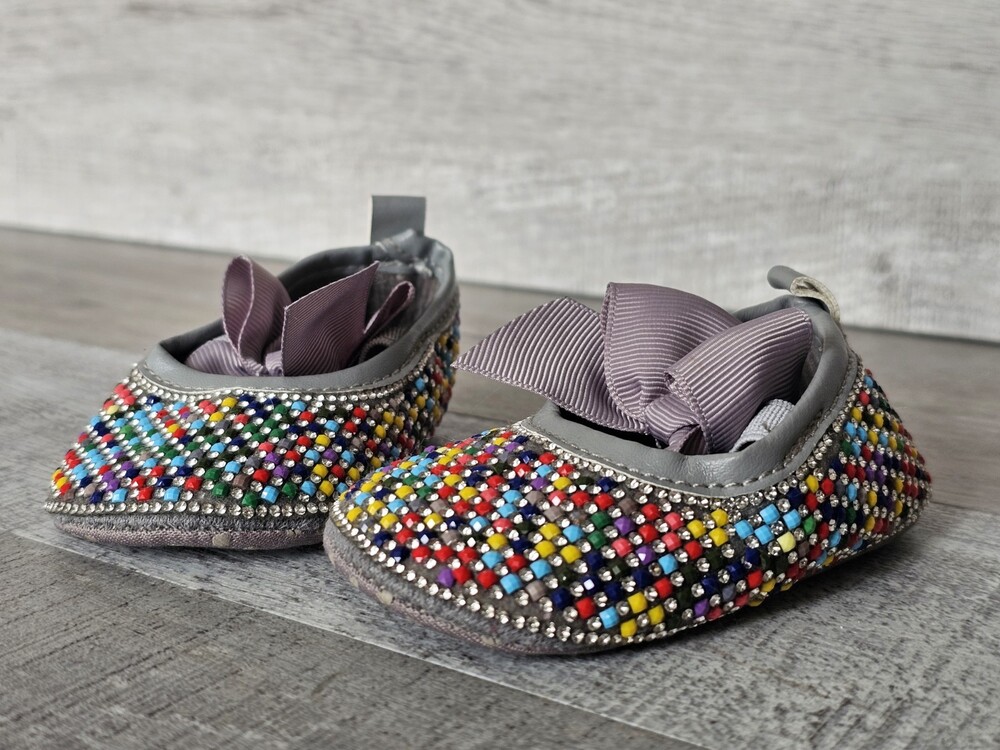 MiYuebb 4" Long Gray Sparkle Bow Size 11 Baby Shoes Slippers #94